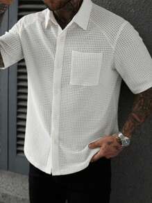 Manfinity Homme Men's Solid Color Pocket Short Sleeve Single-Breasted Casual Shirt - Beige - View 4