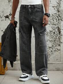 Manfinity Roughcore 街头时尚大口袋工装牛仔裤，水洗男士牛仔裤 - 灰色 - 查看 5