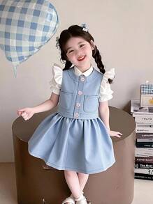 Chaleco vaquero holgado de lavado claro y falda vaquera plisada de cintura elástica completa para niña, conjunto versátil de moda minimalista para uso diario