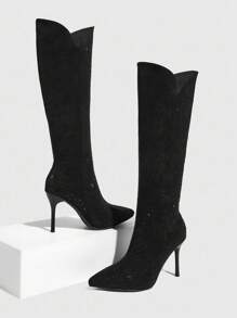 CUCCOO SZL 女士尖头高跟踝靴，黑色天鹅绒面料，水钻装饰，时尚舒适，适合派对夜店，侧拉链