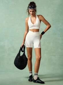 VARSITIE Workout Short Solid Color Mesh Patchwork Layered Waist Sports Shorts