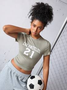Streetz SHEIN Sport Women's Casual Letter & Number Print T-Shirt,Los Angelas 21 Basketball Short Sleeves Cropped Fitted Shirt,Sage Green,Summer,Gym,Back-To-School - Green - View 3