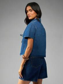 MISSGUIDED 系带牛仔短款衬衫现代西部风纽扣领衬衫独立夏季休闲节日 Y2K 时尚镂空设计短袖 - 藍色 - 查看 2