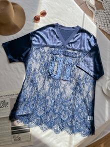 SHEIN EZwear Women Plus Size V-Neck Lace Patchwork Casual Loose Short Sleeve Blouse Plus Size Lace Dress Plus Size Lace Top