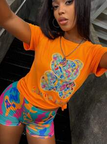 SHEIN Bear Print Short Sleeve Round Neck T-Shirt And Shorts - Orange - View 5