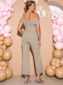 Loomaby Bộ 2 món áo và quần dài cổ tròn màu trơn thanh lịch cho bà bầu - Màu Khaki - Xem 2