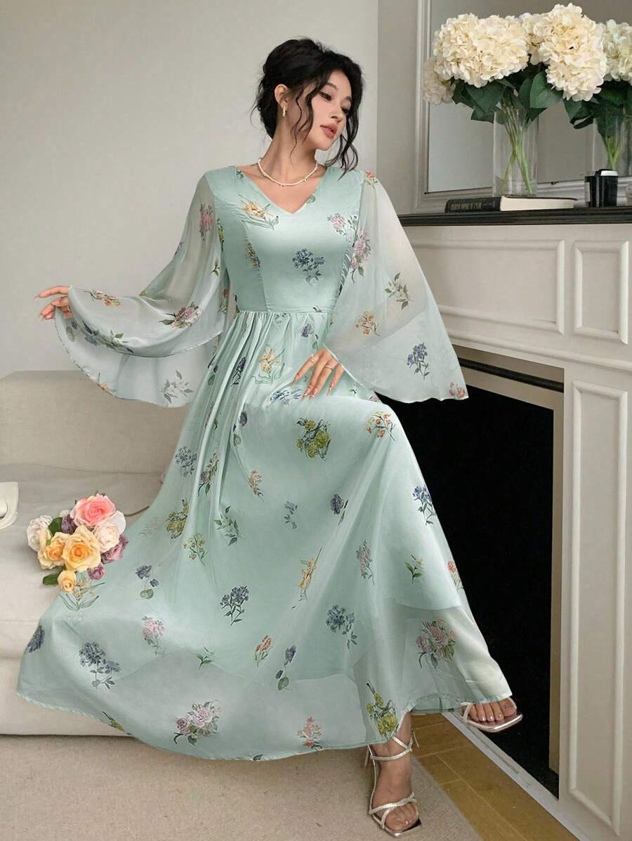 Modelyn 女士优雅花卉印花长款喇叭袖连衣裙 - 綠色 - 查看 1