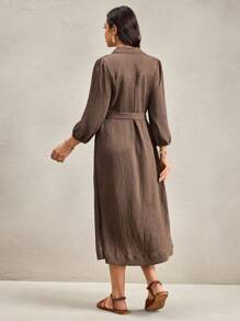 Wildy 美式乡村休闲度假棕色开衫系带中长连衣裙，适合女性，乡村音乐会服装，棕色连衣裙，翻领连衣裙，系带连衣裙，长袖连衣裙，亚麻连衣裙，棕色连衣裙，女教师服装，优雅女装，秋季女装，棕色连衣裙，橄榄绿半身裙 - 軍綠色 - 查看 4