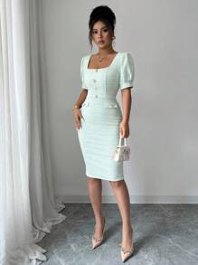 Selianne Bodycon-Kleid mit quadratischem Ausschnitt, Puffärmeln und Knopfverschluss