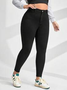 SHEIN CURVE+ Plus Size Cowgirl Stretch Skinny Casual Black 7/8 Jeans, Rodeo - Black - View 5