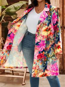 EMERY ROSE Plus Size Floral All-Over Print Casual Windbreaker Floral Outfits For Women Floral Blazer Women Floral Print Blazer,Fall Clothes Plus Size,Going Out Outfits,Business Casual Woman Curve Women Floral Blazer,For Stylish Everyday Wear Winter Autumn - Multicolor - View 9