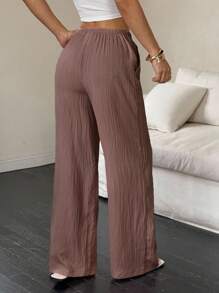 SHEIN Unity Quần ống rộng dáng rộng đơn giản cho nữ, màu trơn có dây rút - Bụi hồng - Xem 2