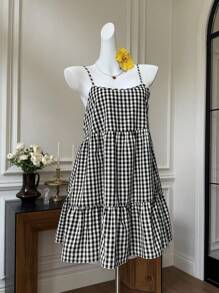 SHEIN EZwear 女式夏季新款格子背带裙，细肩带露背连衣裙 - 黑色 - 查看 2