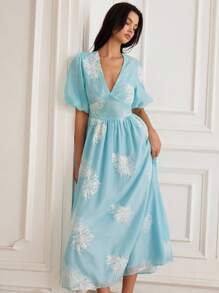 Chiquease Nuevo vestido elegante de manga corta con escote en V y bordado sobre fondo albaricoque para primavera/verano - Azul - Ver 6