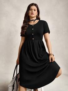 Zelara Plus Size Basic Black Short Sleeve Dress With Front Middle Button And Decorative Round Neckline, Comfortable And Breathable For Spring And Summer Navycore Outfits - Black - View 2