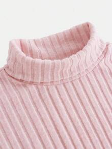 SHEIN Girlism 青少年女孩粉色針織羅紋高領寬鬆收腰抓皺修身洋裝 休閒街頭風 優雅復古百搭內搭長袖迷你洋裝 - 粉色 - 查看 3
