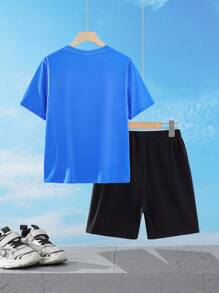 SUPERMAN X SHEIN Conjunto de camiseta de manga corta casual azul con diseño de superhéroe de dibujos animados y shorts sueltos negros para niño preadolescente - Multicolor - Ver 2