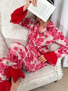 SHEIN 2 Stücke Damen Kontrast Rüschen Blume Muster Hemdkragen Langarm Top & Hose Pyjama Set, Herbst Winter Kleidung - Verschiedenfarbig - Übersicht 4