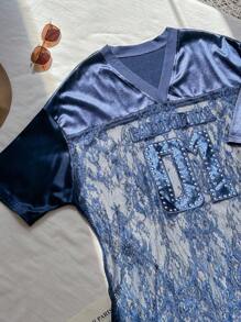 SHEIN EZwear Women Plus Size V-Neck Lace Patchwork Casual Loose Short Sleeve Blouse Plus Size Lace Dress Plus Size Lace Top
