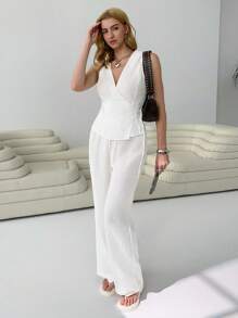 SHEIN EZwear 2件套女士纯色系带无袖衬衫和裤子休闲套装