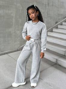 SHEIN 青少年女孩灰色宽松落肩荷叶边运动衫，字母腰带运动裤套装，适合日常、居家、上学休闲装