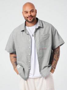 EASEVO Plus Size Men's Loose Casual Vertical Striped Short Sleeve Woven Shirt