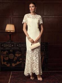 ZEYLAH Women's Crew Neck Short Sleeve Fitted Extra Long Lace Embroidered Dress, Autumn/Winter