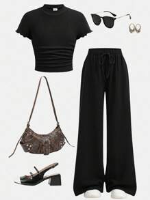 SHEIN Comfortable Polyester Plain Black Co-Ords With Regular Sleeves And Relaxed Fit For Tween Girls Tween Girl Wide Leg Pants Girls Wide Leg Pants Set Girls Black Wide Leg Pants Tween Girl Wide Leg Pants Outfit Tween Girls Summer Outfit Girls Wide Leg Pants Outfit Teen Girl Wide Leg Pants Outfit Tween Girls Wide Leg Pants Set Teen Girls Wide Leg Pants Outfit Girls Black Wide Leg Pants Set - Black - View 7
