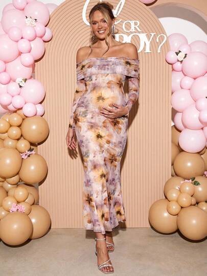 Loomaby Elegant Party Floral All Over Print Off-Shoulder Fishtail Maternity Dress,Gender Reveal Dress,Maternity Dress,Baby Shower Dress
