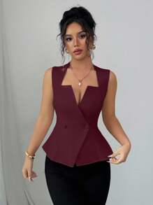 Elenzga 女士新款优雅荷叶边领 A 字型无袖衬衫，适合通勤、度假、约会、郊游、花园、家庭聚会、劳动节、节假日、独立日、返校、教师节、万圣节、感恩节 - 酒紅色 - 查看 6