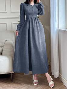 Feyla Women Elegant Solid Color Puff Sleeve Dress - Blue - View 3