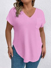 EMERY ROSE Plus Size Casual Versatile Minimalist Solid Color Curved Hem T-Shirt, Summer - Pink - View 5