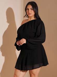 SHEIN BAE Plus Size Solid Black Chiffon Asymmetric Asymmetric Neck Loose Lantern Sleeve Short Mini Dress For Women, Holiday Chiffon Dress,Fall Women Clothes,School Clothes,Y2k Clothes,Country Outfits Women,Vintage Clothes Women,Festival Outfits Women,Wedding Guest Dress Curve,Summer Outfits For Women,Formal Dresses For Women,Birthday Women Outfits,Black Dress/ Black Mini Dress/ Long Sleeve Mini Dress/ Flowy Mini Dress/ Black Vacation Dress
