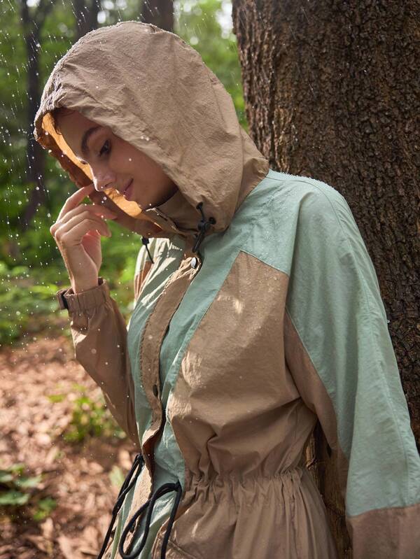 SHEIN In My Nature Women's Contrast Color Long Sleeve Drawstring Waist Hooded Outdoor Rain Jacket