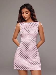 TRNVIE Women's Casual & Commuter Pink Polka Dot Backless Tie Strap Off Shoulder Boat Neck Knit Elastic Waist A-Line Mini Slip Dress, Summer