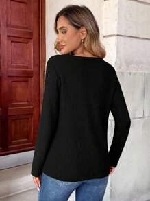 INAWLY 素色前拉鍊華夫格編織T恤 - 黑色 - 查看 2