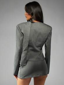 MISSGUIDED Váy ngắn Blazer không cổ có dây buộc cổ, đệm vai có cấu trúc, trang phục công sở chuyên nghiệp cho khách dự tiệc cưới mùa thu đông - Xám - Xem 2