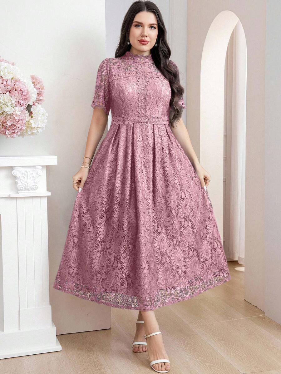 Modelyn 大码纯色蕾丝拼接时尚派对礼服宝蓝色正式礼服长款晚礼服 - 粉色 - 查看 1