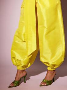 Vixey Buttery Yellow Drawstring Waist Solid Taffeta Jogger Pants, Summer, Vacation, Boho - Yellow - View 3