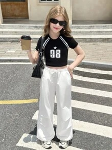 SHEIN Tween 女童纯色抽绳腰口袋阔腿宽松褶皱休闲裤，春夏 - 白色 - 查看 5