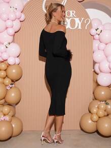 Loomaby Casual Solid Color Asymmetric Neckline Fitted Maternity Dress,Gender Reveal Dress,Maternity Dress,Baby Shower Dress