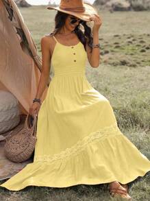 Breezaya 女式夏季撞色蕾丝荷叶边下摆吊带连衣裙、太阳裙长款度假海滩装 - Butter Yellow - 查看 4