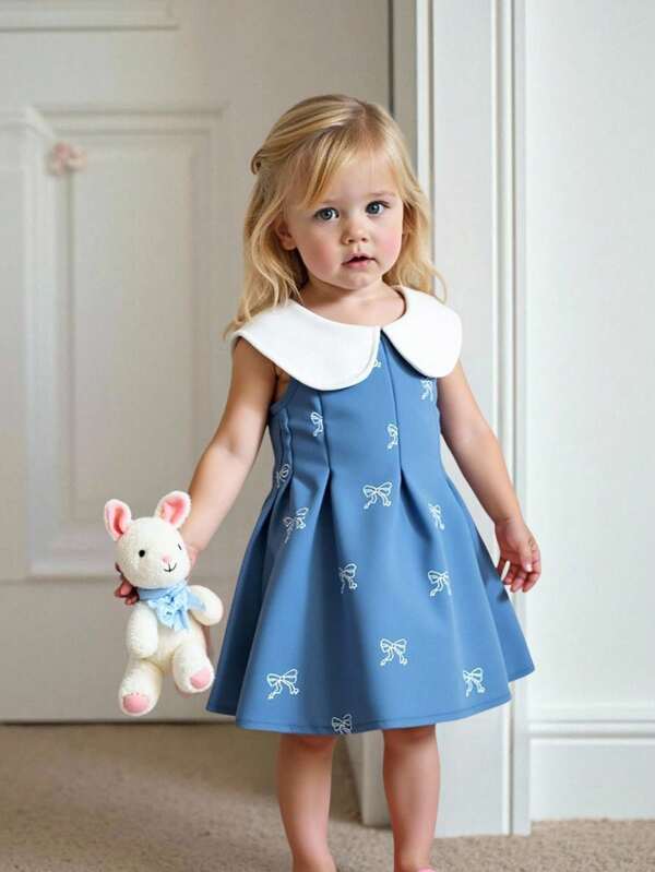 Souflis Souflis Vestido estilo princesa sem mangas com gola Peter Pan e laço para bebês meninas, moda verão, uso diário