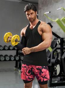 GymBeat 男士运动无袖运动 T 恤、吊带、背心 - 训练和健身房和健身垂袖剪裁吸湿排汗、透气、速干黑色常规剪裁面料圆领中度弹力 - 男士字母印花撞色圆领运动背心健身上衣健身房上衣透气 - 黑色 - 查看 4