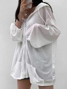 DAZY Women Oversized Hooded Floral Print Open Front Thin Jacket, White, Spring/Summer/Autumn - White - View 4