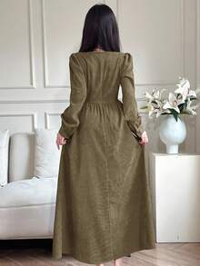 Feyla Đầm dài tay đèn lồng màu trơn thanh lịch cho nữ - màu xanh lá - Xem 5