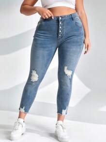 SHEIN CURVE+ Frauen Große Größen Cowgirl Stil Herbst elastische hellblaue abgenutzte ausgefranste Saum Skinny Jeans