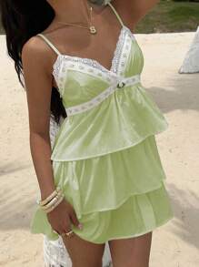 Sunnyshic Women's Vacation Casual Lace Trim Ruffle Hem Cami Mini Dress - Green - View 5