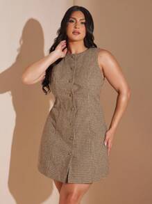 SHEIN BAE 大码女式舒适格子羊毛圆领无袖前扣简约短款休闲连衣裙，适合办公室、正式场合、日常穿着、秋冬季、女士夏季连衣裙、商务休闲女装、正式连衣裙、秋季女装、秋季、返校、Y2k 女装、夜间外出、女士约会夜装、机场旅行装 - 棕色 - 查看 7