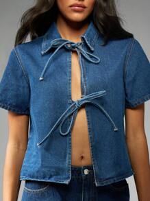 MISSGUIDED 系带牛仔短款衬衫现代西部风纽扣领衬衫独立夏季休闲节日 Y2K 时尚镂空设计短袖 - 藍色 - 查看 4